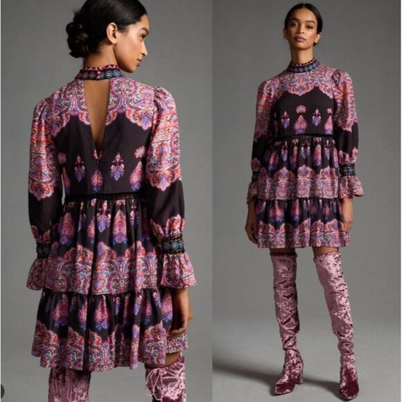 Anthropologie Women's Tiered Mix Print Mini Dress Multi Color Sz 4 - Picture 10 of 13